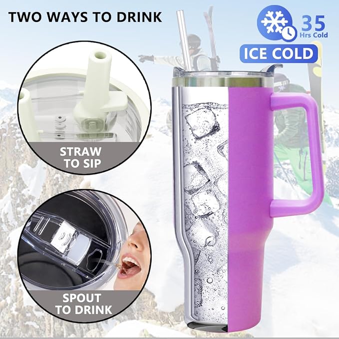 SYACOT 40 oz Tumbler with Handle and Straw Stainless Steel Insulated Tumbler Leak Proof Lid and Straw Lid Reusable Travel Mug Coffee Mug Cup Dishwasher Safe Keep Drinks Cold and Hot (Lilac)