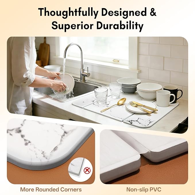 Stone Drying Mat for Kitchen Counter, Foldable Quick-Dry Dish Drying Mat, Water-Absorbent Marble Diatomaceous Earth Mats for Dishes, Cups & Bottles on Any Countertop(20"x16")