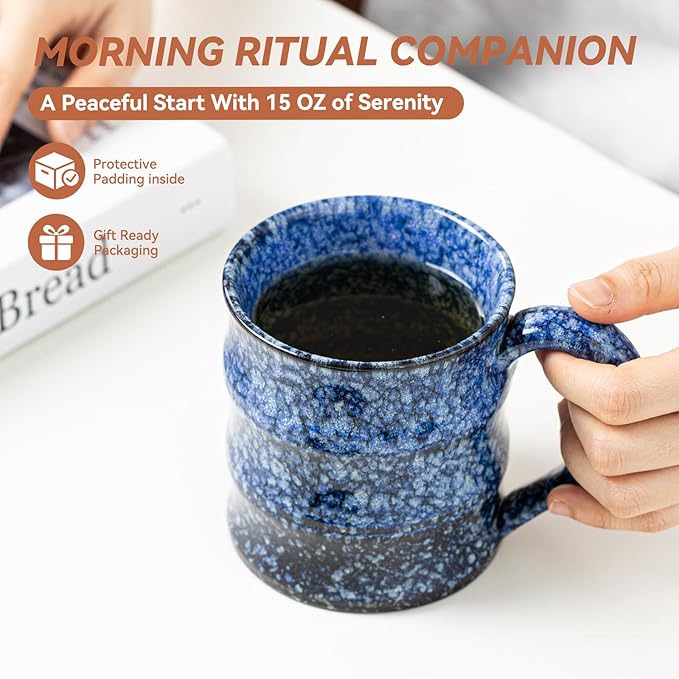 Unique Reactive Glaze Ceramic Coffee Mug - 15 oz Large Coffee Cup with Ergonomic Handle, Sakura Blue Ceramic Mug for Office & Home, Great Birthday Gift for Women, Men & Self-Care, Microwave Safe