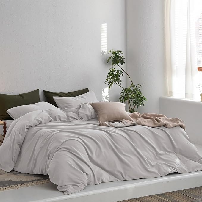 MooMee King Duvet Cover Set, 100% Washed Cotton Linen Like Twill Thick Sturdy Material Super Soft Breathable Durable Bedding for All Season, 3 Pieces (Light Gray, King 104"x90")
