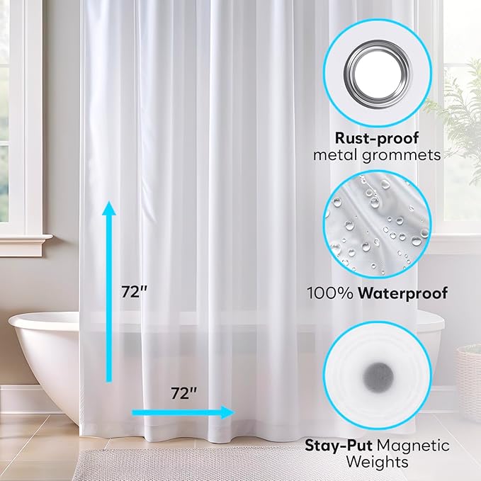 ZENO Frosted Shower Curtain Liner – 72" x 72" Premium PEVA Liner with Rustproof Grommets & 3 Magnets – Waterproof, Lightweight Bathroom Shower Curtain Set