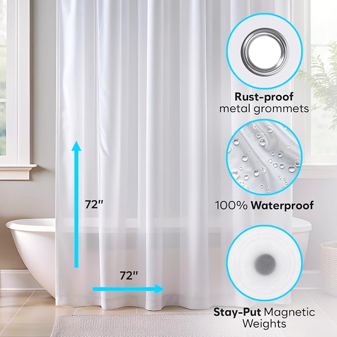 ZENO Frosted Shower Curtain Liner – 72" x 72" Premium PEVA Liner with Rustproof Grommets & 3 Magnets – Waterproof, Lightweight Bathroom Shower Curtain Set