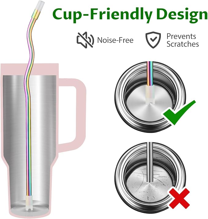 NiHome 6-Pack Wavy Iridescent Stainless Steel Straws with Silicone Tips, Bases & 2 Cleaning Brushes, 3 Sizes 9.25", 10.24" & 12.2", Reusable Metal Straws Fit for Stanley 30oz/40oz Tumblers, Cups