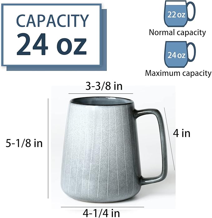 Large Ceramics Coffee Mugs, 24 OZ Large Handle Coffee Mugs, Extra Large Tea and Coffee Cup for Office and Home, Microwave and Dishwasher Safe (24 OZ Grey)