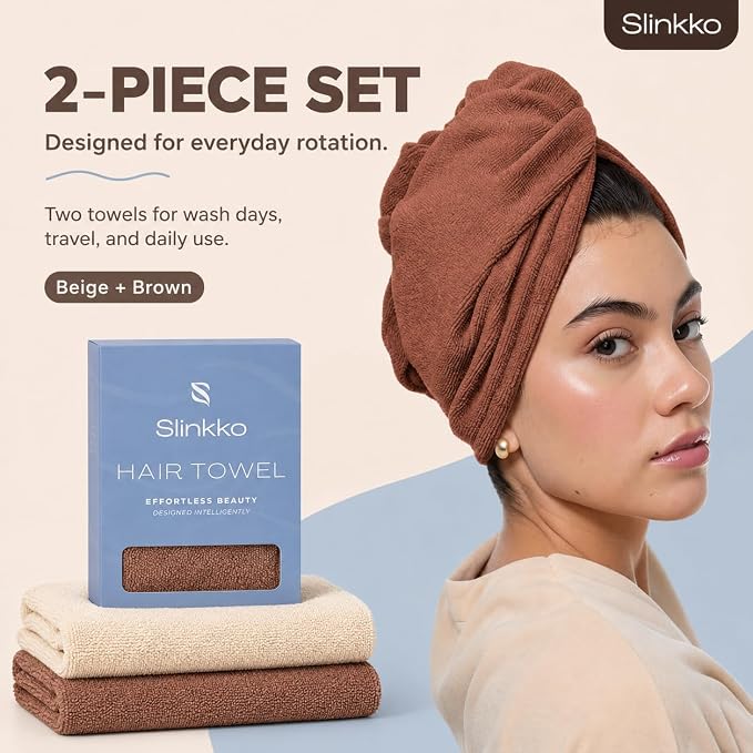 Microfiber Hair Towel Wrap for Women – Ultra Absorbent Quick Dry Turban | Button & Loop Design | Soft Lightweight Fabric | Reduces Frizz & Breakage | All Hair Types | Beige & Brown