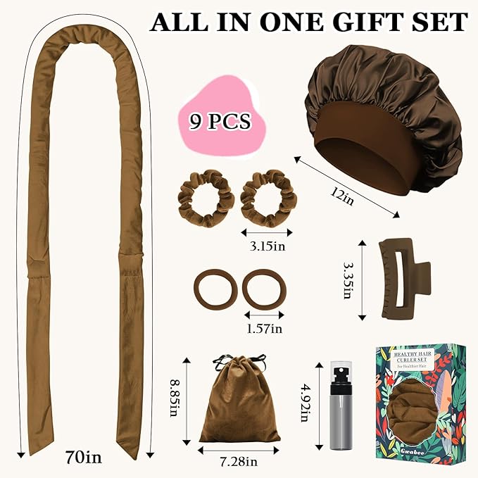 Heatless Curls Overnight Hair Curler, 70" Soft Hair Curlers to Sleep In No Heat Curls Overnight, 9 PCS No Heat Curlers Set for Women - Golden Brown