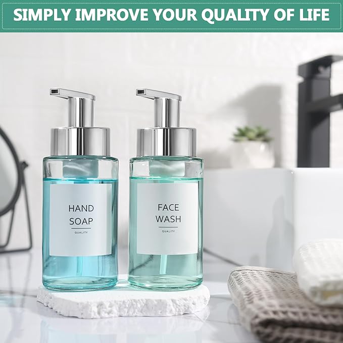 RYTOXILO Glass Soap Dispenser, 10 oz/300ml Foaming Soap Dispenser, 4 Pack Foaming Hand Dispenser for Bathroom & Kitchen, Clear Refillable Foam Soap Bottle with Silver Pump