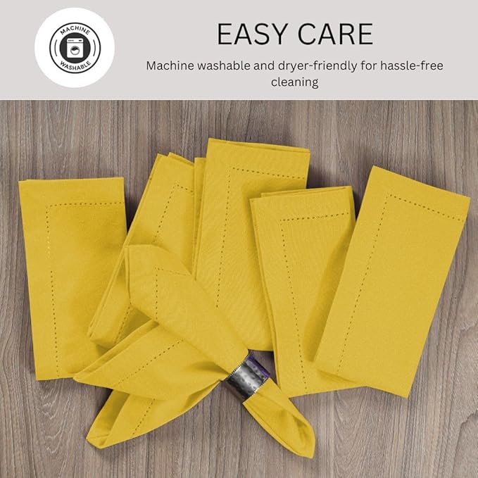 Hemstitch Cloth Dinner Napkins 100% Cotton Set of 12 - for Dining Special Occasions Weddings Parties Holidays Easter - Soft Durable Reusable - Elegant 18x18 Inch Table Cloth Napkins Yellow