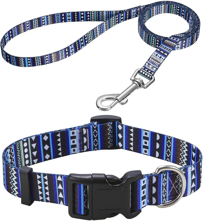 Mihqy Dog Collar and Leash Set with Bohemia Floral Tribal Geometric Patterns - Soft Ethnic Style Collar Adjustable for Small Medium Large Dogs(Bohemian Blue Set,L)