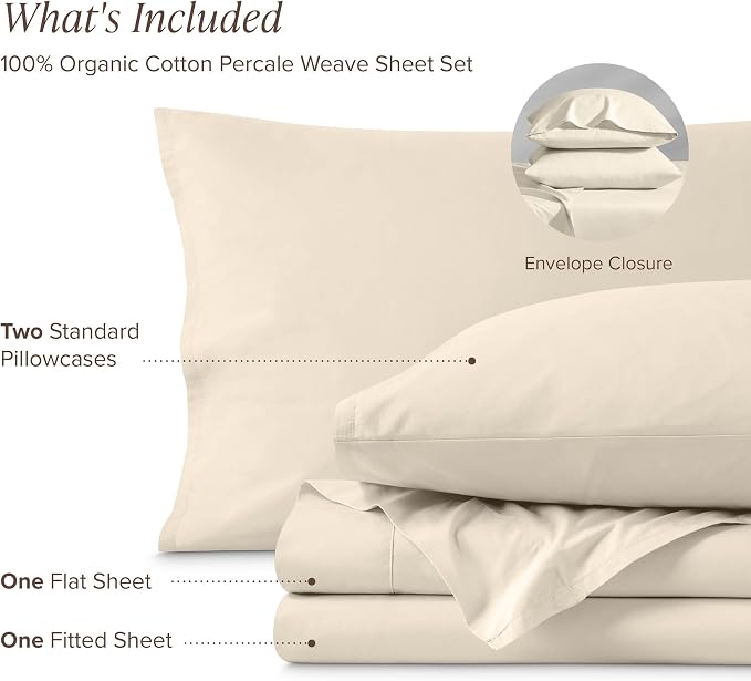 Bare Home 100% Organic Cotton Queen Sheet Set - Crisp Percale Weave - Lightweight & Breathable - Bedding Sheets & Pillowcases (Queen, Sand)