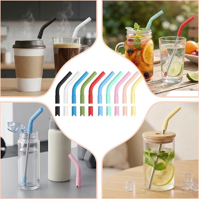 20 PCS Silicone Straw Tips with Bottom Sleeve, Reusable Food Grade Rubber Straw Covers for Metal and Glass Straws, Fits 8-10mm Diameter Multi-color Set