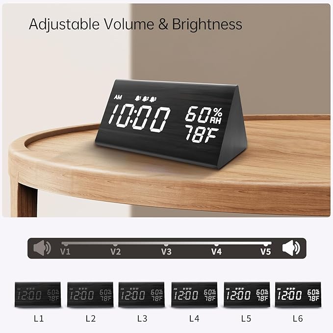 JALL Wooden Digital Alarm Clock for Bedrooms and Office, 3 Alarms with Large Numbers for Beside Table Living Room, Humidity and Temperature, 6-Level Dimmer, Snooze, Loud Desk Clock for Heavy Sleepers
