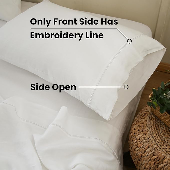 100% French Linen Pillowcases with Embroidery - Pack of 2 - Washed Solid Color Natural Flax Soft Breathable - White, 20'' x 30''