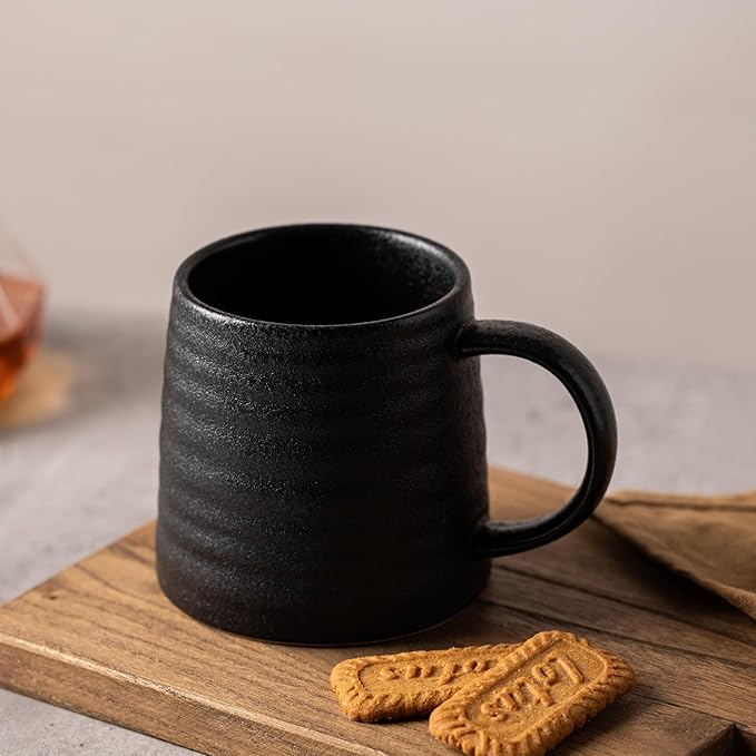 15.5 Oz Large Textured Matte Black Glaze Ceramic Mug, Heavy Weighted Stoneware Coffee Cup, Wide Base, Thick Wall Big Tea Cup with Custom Package Box, Microwave & Dishwasher Safe (Black)
