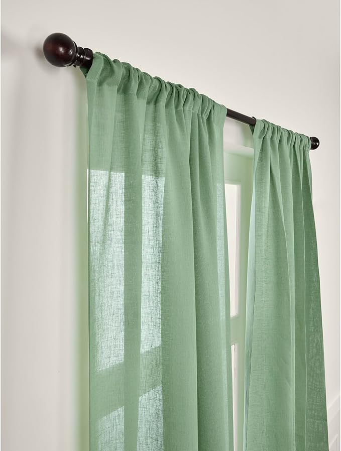Solino Home European Flax Linen Sheer Curtain 108 Inches Long, 100% Pure Linen Aspen Green 52 x 108 Inch Long Light Filtering Rod Pocket Window Curtains Panel for Living Room, Bedroom - 1 Panel