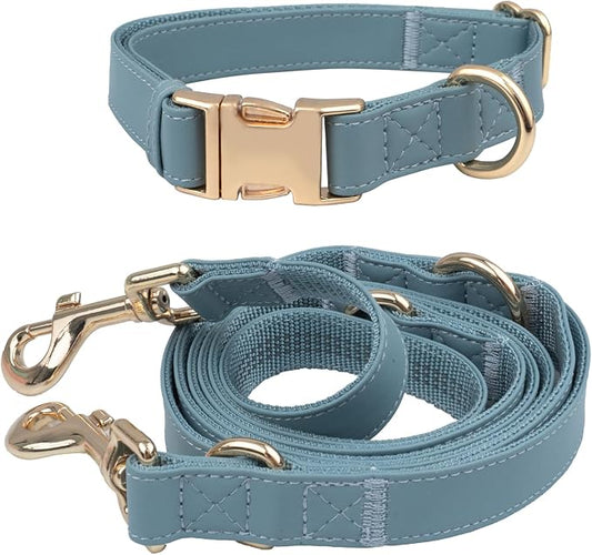 Multifunctional Reflective Leather Dog Collar and Leash Set 7FT, Easy to Clean Leather Leash Collar with Gold Metal Buckle(L, Grey Blue)