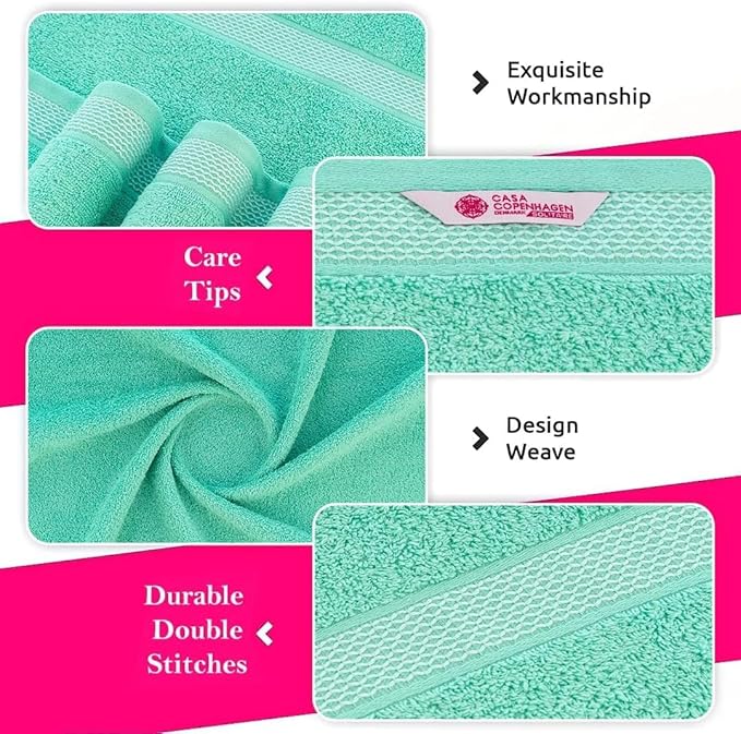 CASA COPENHAGEN Solitaire 6Pcs 100% Egyptian Cotton Large Designer Towels Gift Set- Aquamarine, 600GSM, 2Bath 2Hand 2Washcloths, Bath Towels for Bathroom Set for Women & Men