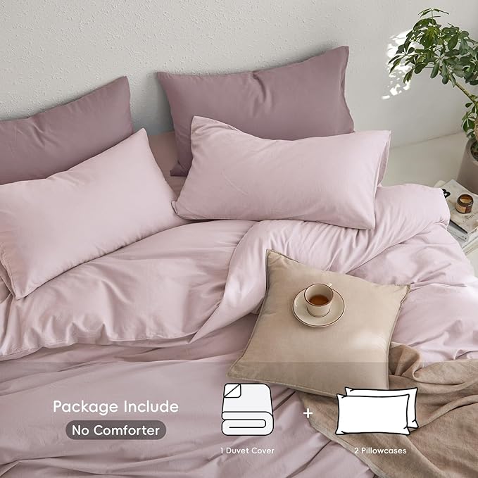 MooMee King Duvet Cover Set, 100% Washed Cotton Linen Like Twill Thick Sturdy Material Super Soft Breathable Durable Bedding for All Season, 3 Pieces (Greyish Pink, King 104"x90")