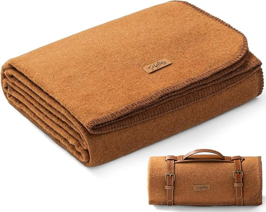 Molithe 100% Wool Blanket, 48" x 62", Warm, Thick, Washable, Military Wool Blanket, Great for Camping, Outdoors, Sporting Events, Survival Kits, Dark Camel