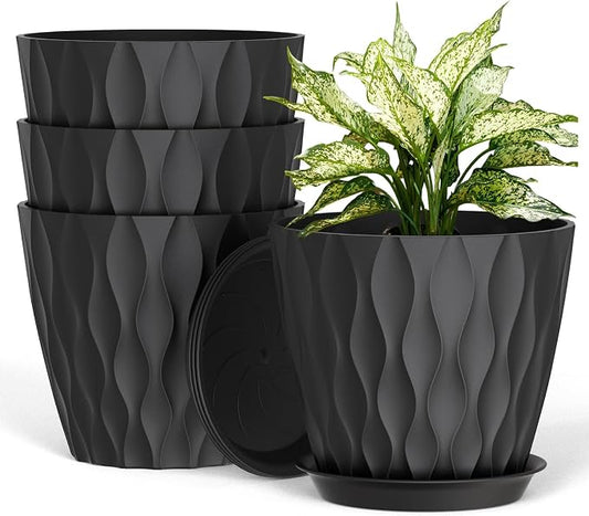 UOUZ 8 Inch Plant Pots, 4 Pack Plastic Planters for Indoor Outdoor with Drainage Holes & Saucers, Waffle Texture Flower Pots for Indoor Plants, Indoor Plant Pots for Monstera, Fiddle Leaf Fig, Black