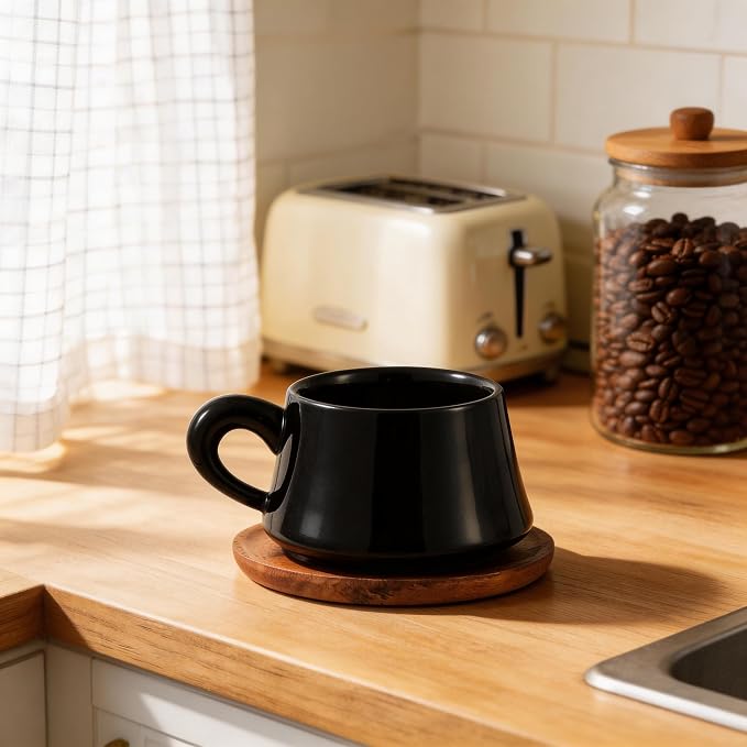 Black Cappuccino Mug and Wood Saucer - 7 oz Ceramic Coffee Cup with Saucer | Microwave Dishwasher Safe | For Tea, Espresso, Latte | Porcelain Cup Set for Kitchen Cafe | Great Gift