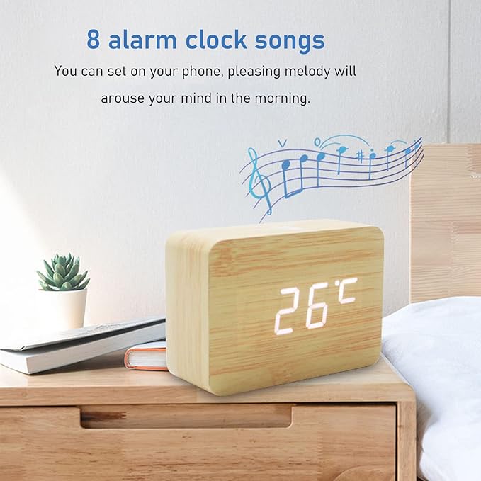 Tyenaza Digital Alarm Clock, Wooden Battery Operated Clock LED Display Touch Sound Control BT Connection Digital Desk Clock for Bedroom Office Cafe