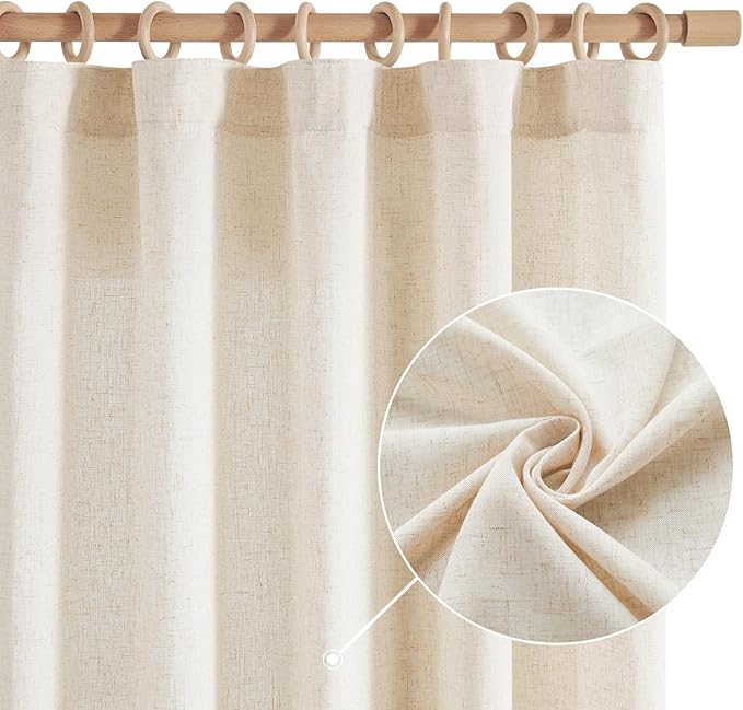 jinchan Short Linen Curtains 63 Inch Length 2 Panels Set Window Curtains for Living Room Bedroom Light Filtering Farmhouse Drapes Aesthetic Decor Kitchen Drapes, Back Tab, Linen Natural, 50W x 63L