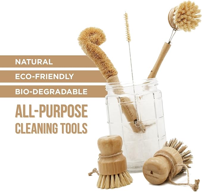 Natural Bamboo Dish Brush Set with Holder - Eco Friendly Wooden Dish Brush