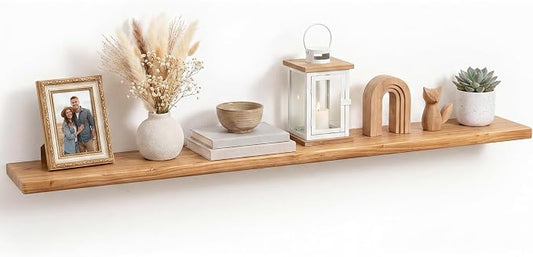 Fun Memories 60 Inch Floating Shelf, 8 Inch Deep Rounded Edge Reclaimed Elm Wood Shelf with Hidden Bracket for Fireplace & Living Room
