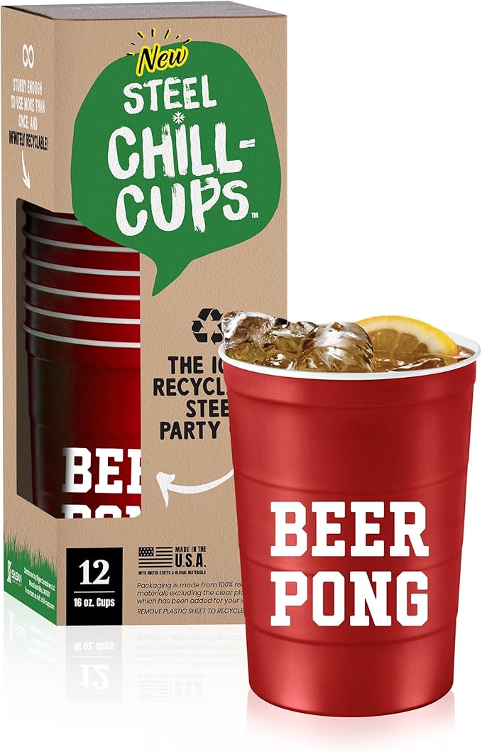 Steel Chill Cups 16 oz. Party Cup 'Beer Pong' Drinking Game Design for Cold Drinks, Sturdy, Durable, Disposable, Recyclable, Made in USA, Red 12 Count
