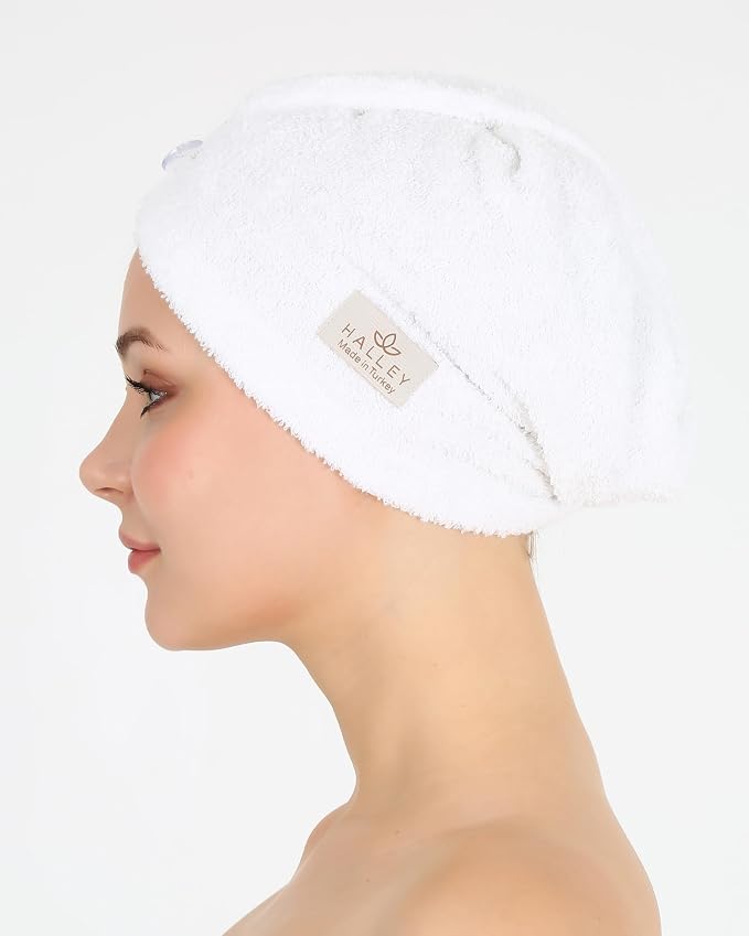 HALLEY Cotton Hair Towel Wrap (3 Packs) Super Absorbent Fast Drying Hair Towel for Thick Hair Turbans for Wet Hair with Button (Pink, Blue, White)