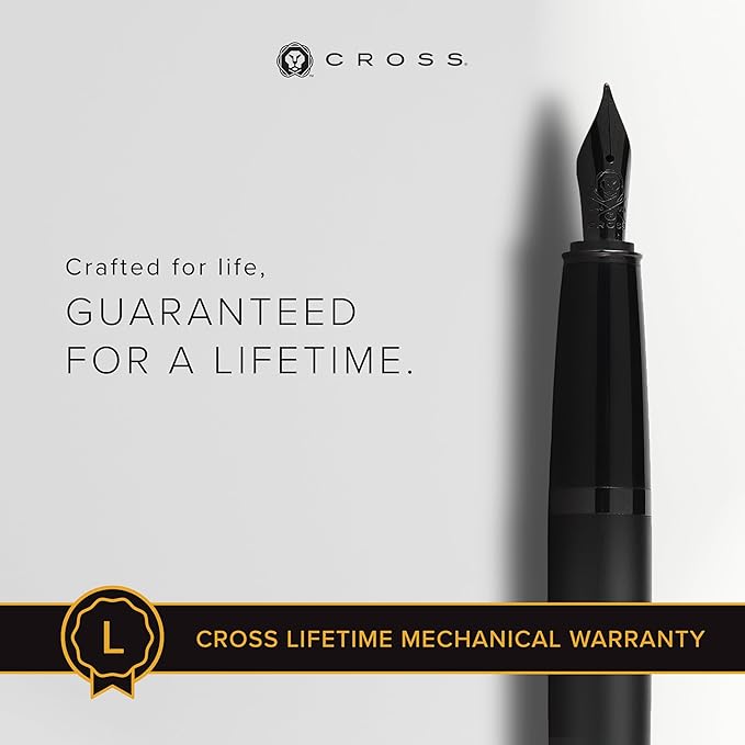 Cross Bailey Matte Black Lacquer Stainless Steel Fine Nib Fountain Pen - Professional Fountain Pen for Effortless Writing - Refillable - Black Ink - Gift-Ready