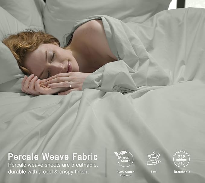 RUVANTI 100% Cotton Organic Percale Sheets Full Size – Crisp Cooling Bed Sheets for Hot Sleepers, Deep Pocket 15”, Soft Peach Finish, Breathable & Durable Hotel-Style 4 Pcs, Mineral Gray