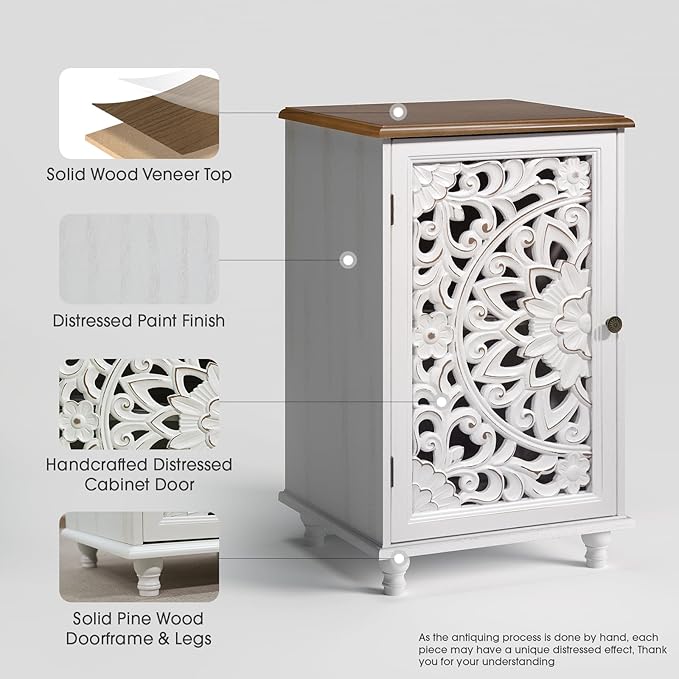 JOINICE Accent Cabinet with Hand-Carved Door for Living Room/Bedroom | Hand-Carved Floral Design, Boho/Farmhouse/Rustic Style, Space-Saving, Sofa Table/End table, Solid Wood Legs, Adjustable Shelf