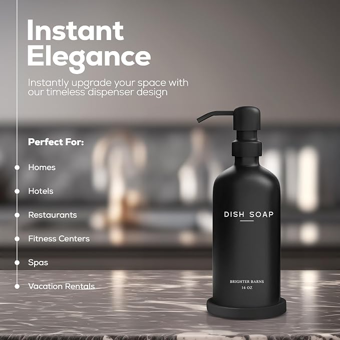 Black Glass Dish Soap Dispenser for Kitchen Sink by Brighter Barns - Modern Kitchen Soap Dispenser Set with Tray and Stainless Steel Pump - Modern Decor for Vacation Rental, Restaurants, Gifts (Black)