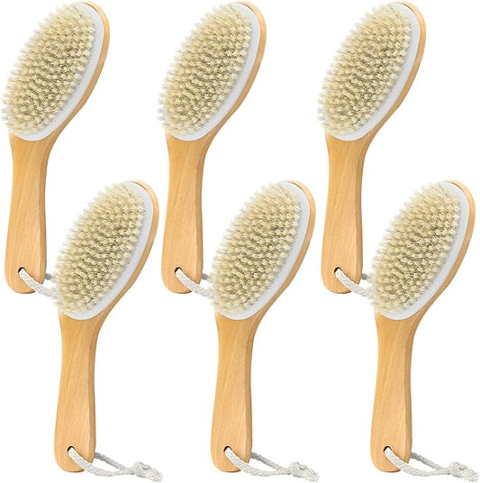 6 Pack Dry Brushing Body Brush, Soft Natural Bristle Exfoliating Dry Brush with Contoured Wooden Handle for Lymphatic Drainage Cleaning Body Skin Care