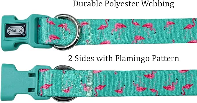 Dog Collar Leash Set, Flamingo Pattern, Polyester Material, Adjustable Collar and 5ft Matching Leash, for Puppy Dogs.(XS, Green Flamingo)