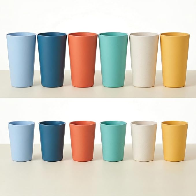 12 Pack Premium Wheat Straw Cups, 6 Pcs 20 oz & 6 Pcs 10 oz Unbreakable Drinking Cups, Alternative to Plastic Cups Sets, Reusable Water Glasses Tumbler, Microwave & Dishwasher Safe, Bpa Free, 6 Colors