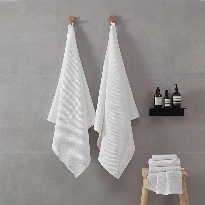 ecolook 6-Piece Waffle Weave Towel Set, 100% Cotton, Lightweight, Absorbent & Quick-Drying, 2 Bath Towels (31×63 in), 2 Hand Towels, 2 Washcloths, Lint-Free for Bathroom, Pool, Gym, Travel - White