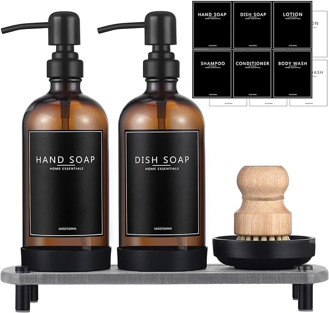 Kitchen Soap Dispenser Set with Instant Dry Tray,16 Oz Hand and Dish Soap Amber Glass Dispenser Set,Stainless Steel Pump,Waterproof Labels&Dish Brush,Luxury Soap Bottle for Kitchen,Bathroom