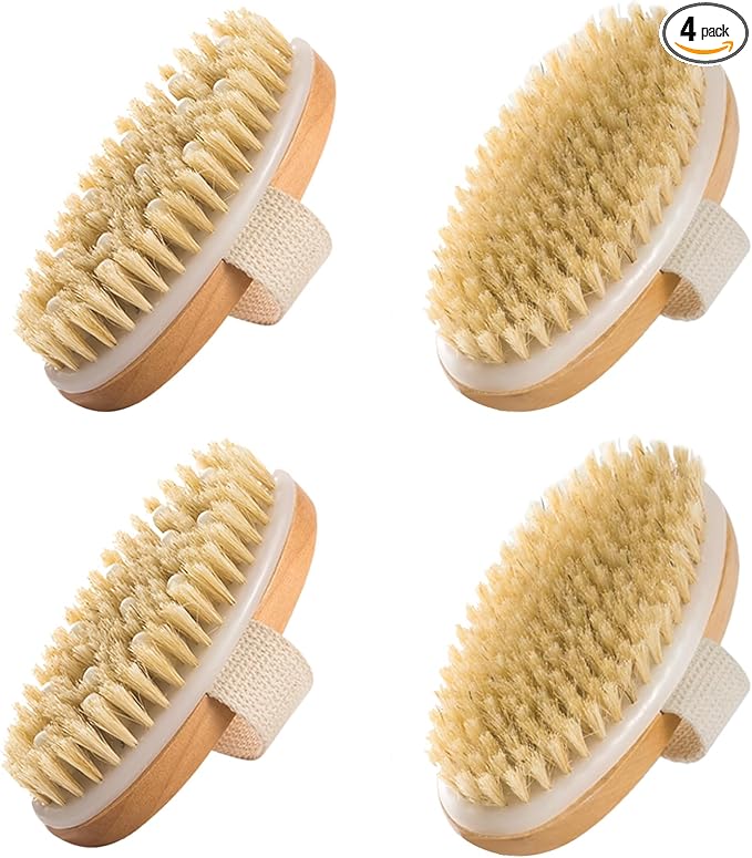 SAMEBUTECO 4 Pack Dry Body Brushing Brushes, Natural Bristle Exfoliating Scrub Brushes with Massage Nodes for Lymphatic Drainage, Skin Firming, Acne Treatment, and Cellulite Reduction