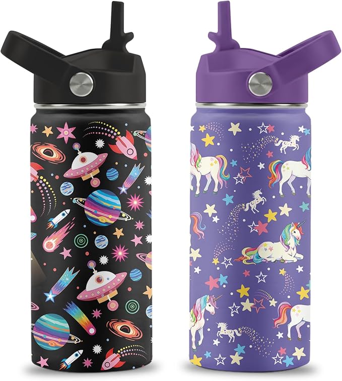 16 oz Water Bottle with Straw Lid, 2 Pack Set, Space Unicorn Gifts for Boys Girls, Stainless Steel Insulated Water Bottles for School Travel Outdoor Sports, Cute Universe Unicorn Cups