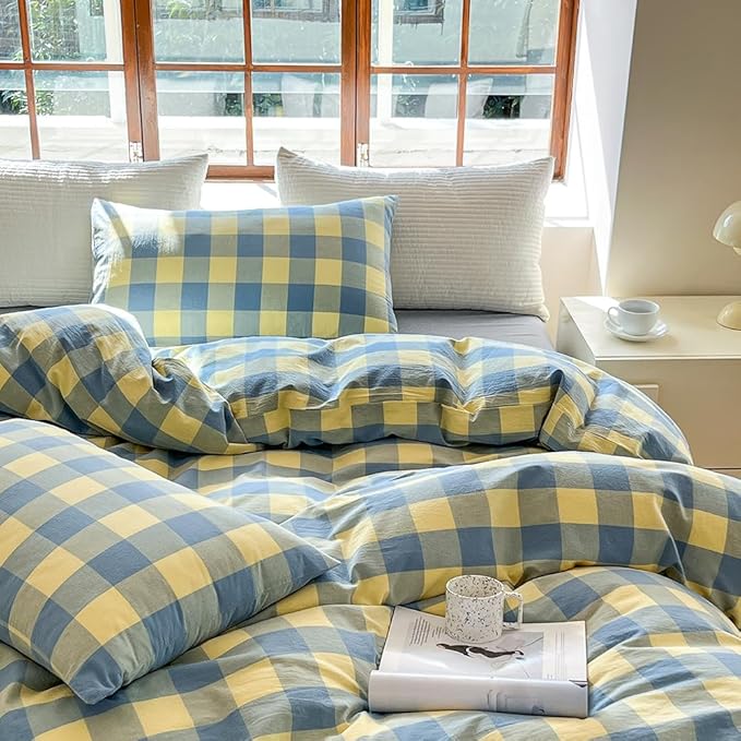FACE TWO FACE Bedding Duvet Cover Set100% Washed Cotton Duvet Cover Linen Like Textured Breathable Durable Soft Comfy (King, Blue Yellow Grid)