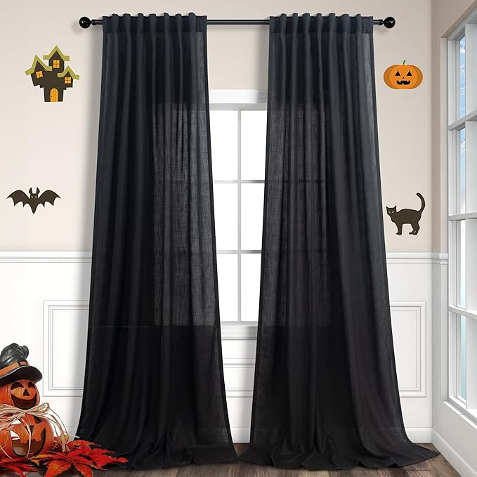 Pitalk Black Linen Curtains 90 Inches Long for Dining Room 2 Panels Pair Back Tab Pocket Modern Drapes Lace Muslin Textured Semi Sheer Curtains for Bedroom Gaming Dorm Office Wedding Party Decoration
