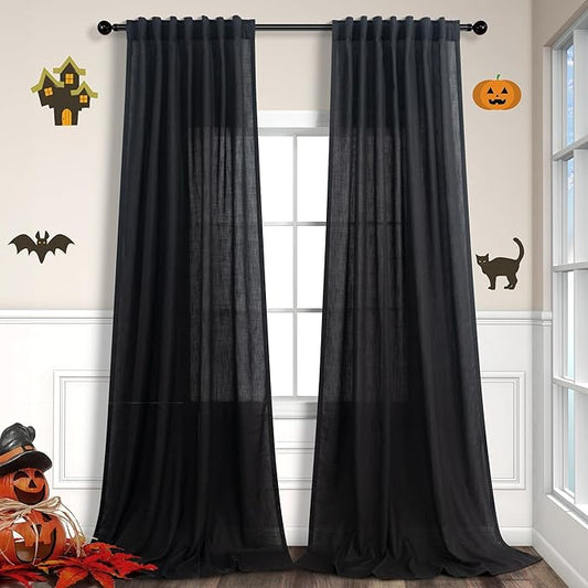 Modern Black Linen Curtains 96 Inches Long for Bedroom 2 Panels Set Back Tab Pocket Boho Drape Semi Sheer Lace Cotton Trendy Elegant Curtain for Living Room Bay Window Mid Century Halloween Decor 8 FT