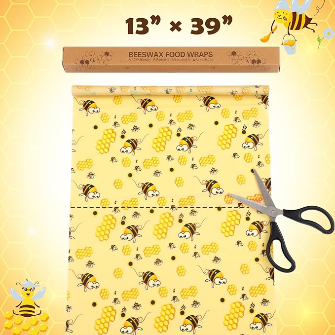 Fanfanwin 3 Rolls Beeswax Wraps for Food Reusable 13 x 39 Inch Cut to Size Beeswax Wraps for Food Organic Sustainable Biodegradable Zero Waste Plastic Free Foods Storage (Bees, New Beehive, Flower)