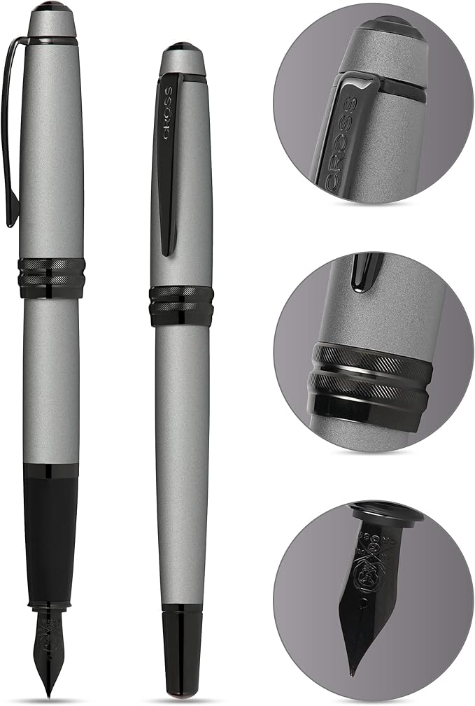 Cross Bailey Matte Gray Lacquer Stainless Steel Extra-Fine Nib Fountain Pen - Professional Fountain Pen for Effortless Writing - Refillable - Black Ink - Gift-Ready