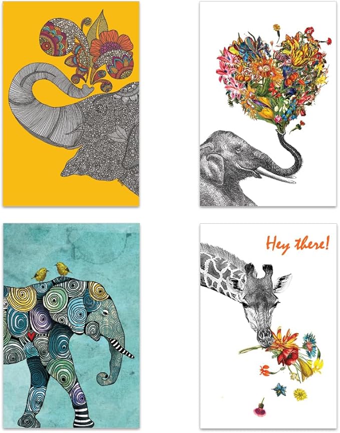 Tree-Free Greetings Elephant and Giraffe All Occasion Cards - 16 Recycled 4x6 Cards & White Envelopes, Thick Cardstock, Made in USA - Happy Artful Animals