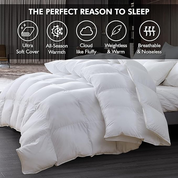 Luxurious Full/Queen Goose Down Comforter, Unique White Solid, 600 Thread Count, 100% Egyptian Cotton Cover, 70 Oz Fill Weight, 750 Fill Power