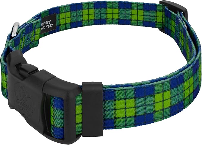 Country Brook Petz - Blue and Green Plaid Everyday Dog Collar and Leash - Plaid and Argyle Collection Featuring Charming Designs (1 Inch, Medium)